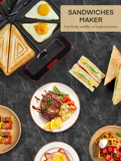 3 in 1 sandwich maker, 1200W waffle iron/contact grill/sandwich toaster, 5-level temperature control, non-stick plates, heat-insulated handle, dishwasher safe, LED lights, red.