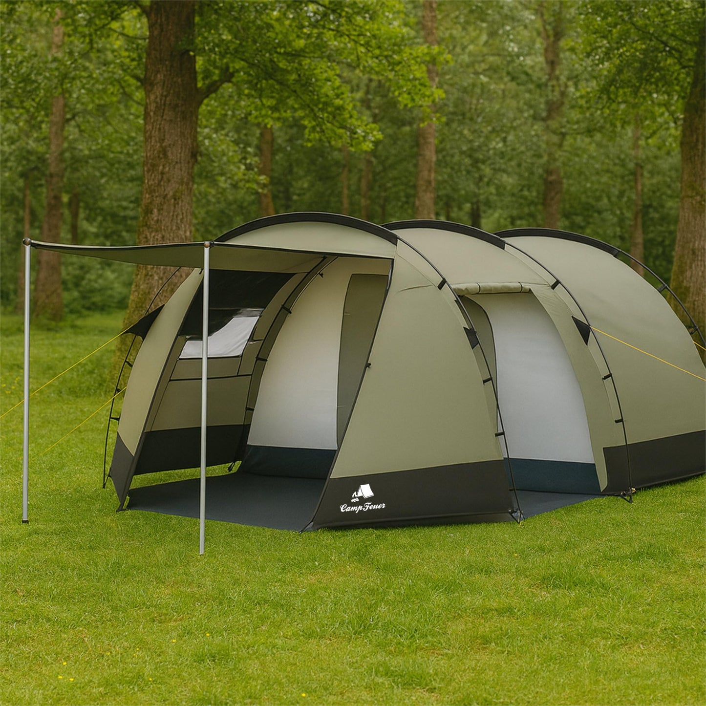 CampFeuer Tent Super+ for 4 persons | Olive green/Black | XXL tunnel tent with 2 entrances and awning, 3000 mm water column | Tent with vestibule and groundsheet, group tent, camping tent family tent