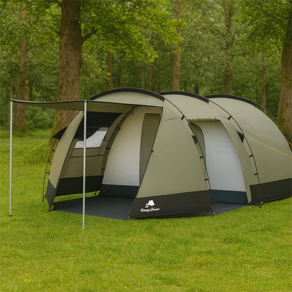CampFeuer Tent Super+ for 4 persons | Olive green/Black | XXL tunnel tent with 2 entrances and awning, 3000 mm water column | Tent with vestibule and groundsheet, group tent, camping tent family tent