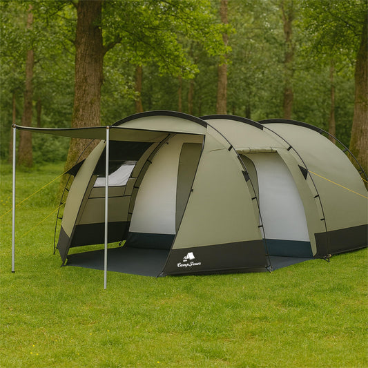 CampFeuer Tent Super+ for 4 persons | Olive green/Black | XXL tunnel tent with 2 entrances and awning, 3000 mm water column | Tent with vestibule and groundsheet, group tent, camping tent family tent