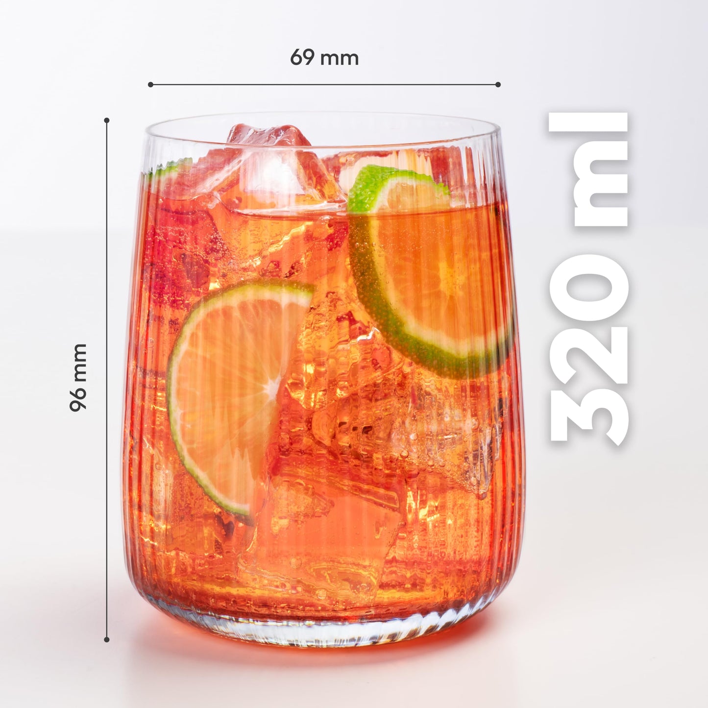 Concept Ribbed Glasses Set of 6, 320ml drinking glasses, dishwasher safe water glasses