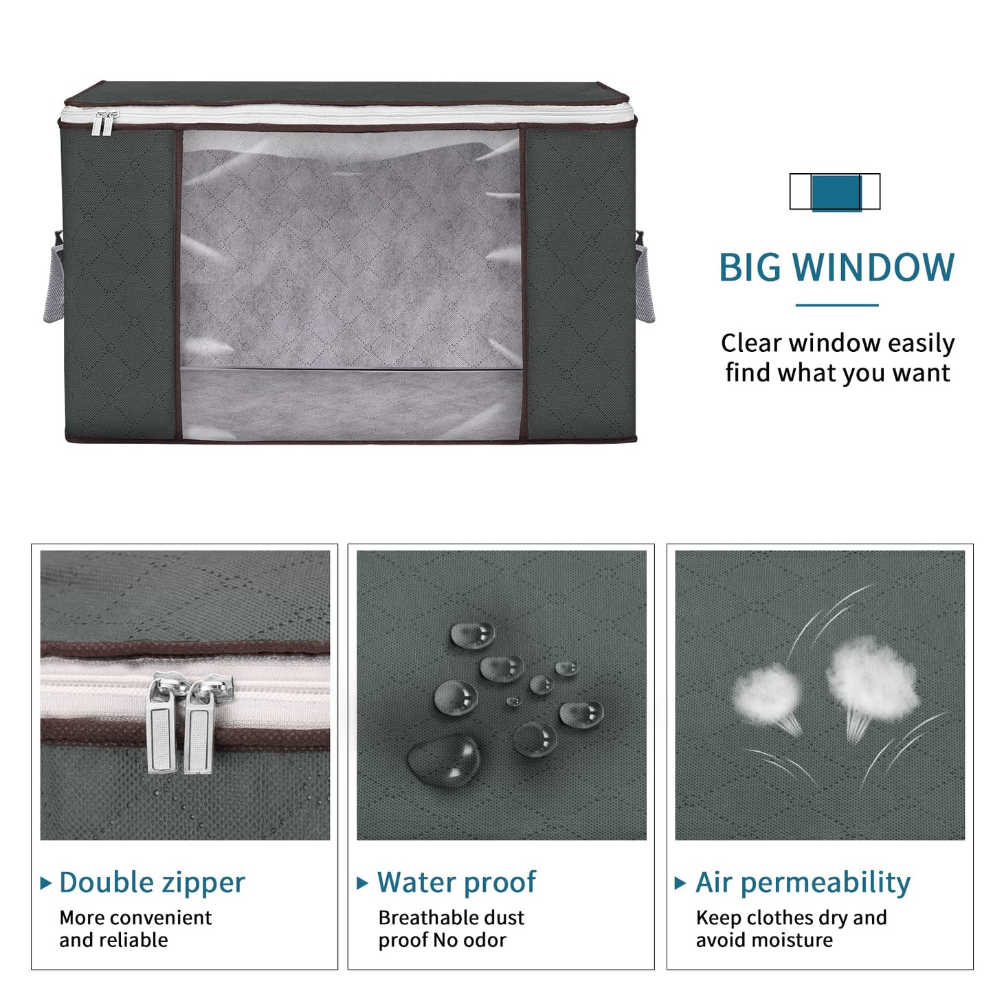 Budding Joy 4 Piece 90 L Storage Bags, Large Storage Boxes with Lid, Moving Boxes, Foldable Underbed Storage Box for Clothing, Comforters, and Bedding, Clothing Storage Boxes (Gray)