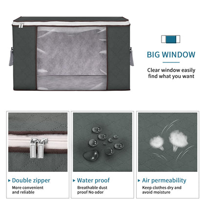 Budding Joy 4 Piece 90 L Storage Bags, Large Storage Boxes with Lid, Moving Boxes, Foldable Underbed Storage Box for Clothing, Comforters, and Bedding, Clothing Storage Boxes (Gray)
