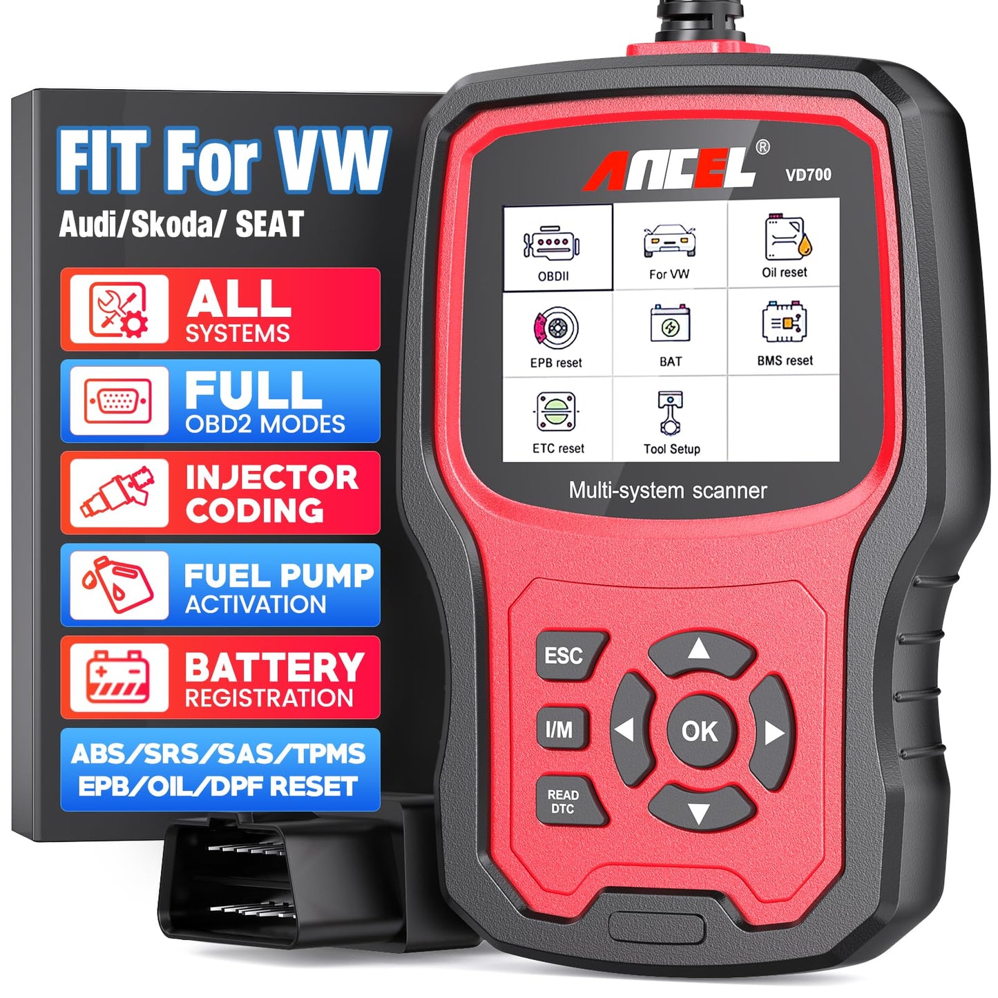 ANCEL VD700Pro OBD2 diagnostic tool for VAG vehicles. Supports all systems with 8 special functions: oil, TPMS, EPB, TPS, injector, SAS, DPF reset, battery registration. Read and clear error codes.