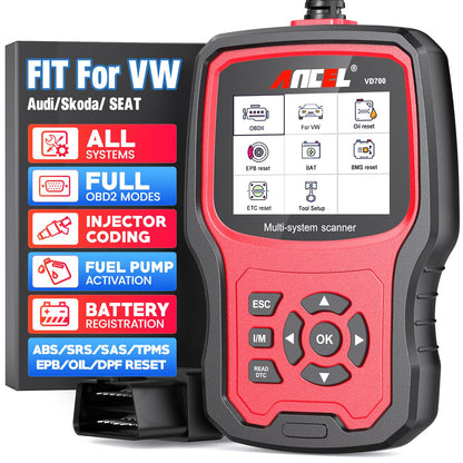 ANCEL VD700Pro OBD2 diagnostic tool for VAG vehicles. Supports all systems with 8 special functions: oil, TPMS, EPB, TPS, injector, SAS, DPF reset, battery registration. Read and clear error codes.