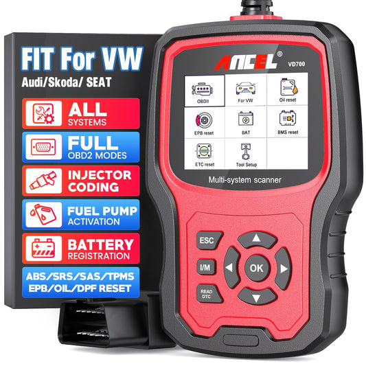 ANCEL VD700Pro OBD2 diagnostic tool for VAG vehicles. Supports all systems with 8 special functions: oil, TPMS, EPB, TPS, injector, SAS, DPF reset, battery registration. Read and clear error codes.