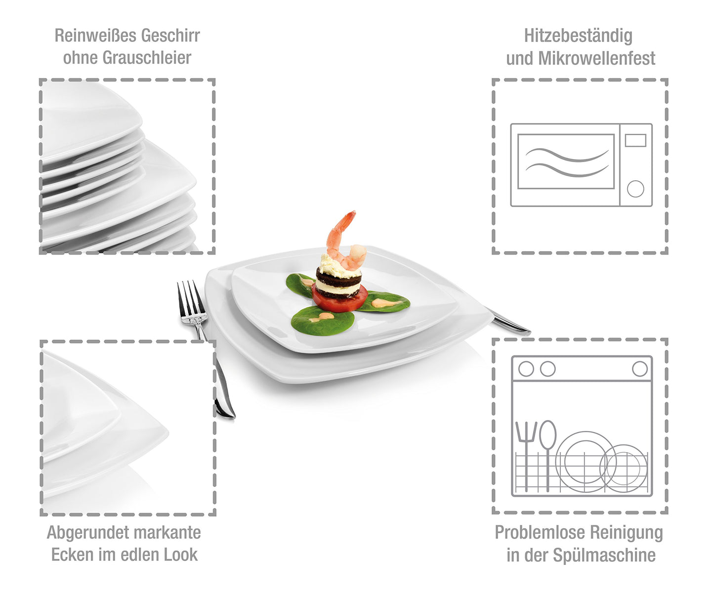 SINGER | 30-piece dinner set, porcelain tableware for 6 people, dishwasher-safe plates set, dining set with dinner plates & coffee service, square white tableware | PREMIUM COLLECTION