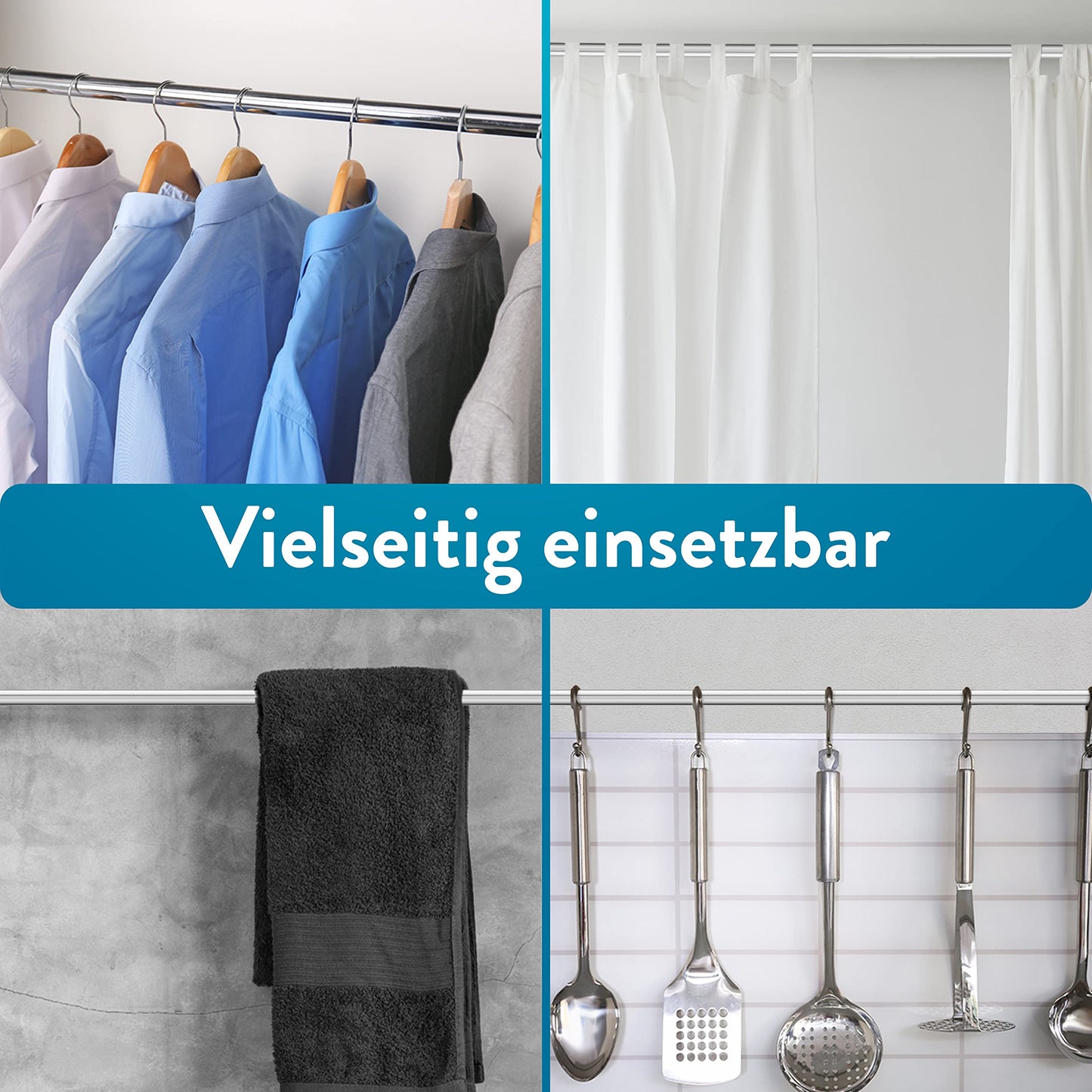 Benkstein® extendable shower rod without drilling 125-220 cm - Stainless steel curtain rod with 12 rings - Telescopic tension rod stable curtain rod without drilling shower rod curtain rod without drilling