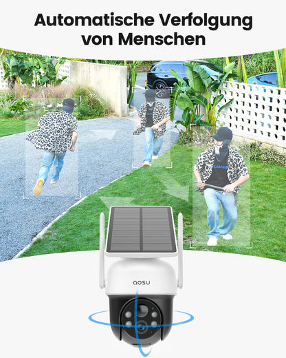 AOSU 2K Outdoor Surveillance Camera with Solar Battery 3MP [360° PTZ Panorama, Integrated Solar Panel] Wireless PIR Motion Detection Automatic Tracking Color Night Vision Sound & Light Alarm 2-Way Audio