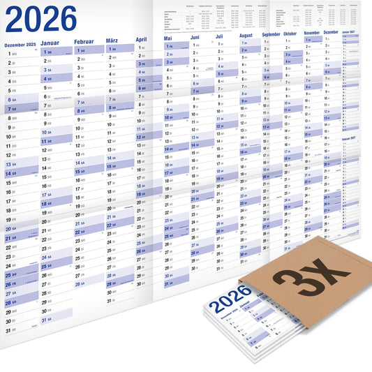 3-Pack: Yohmoe® XXL Wall Calendar 2026 large (98 x 68 cm) FOLDED into poster size. Landscape format, folded - 2026 Calendar Wall Calendar