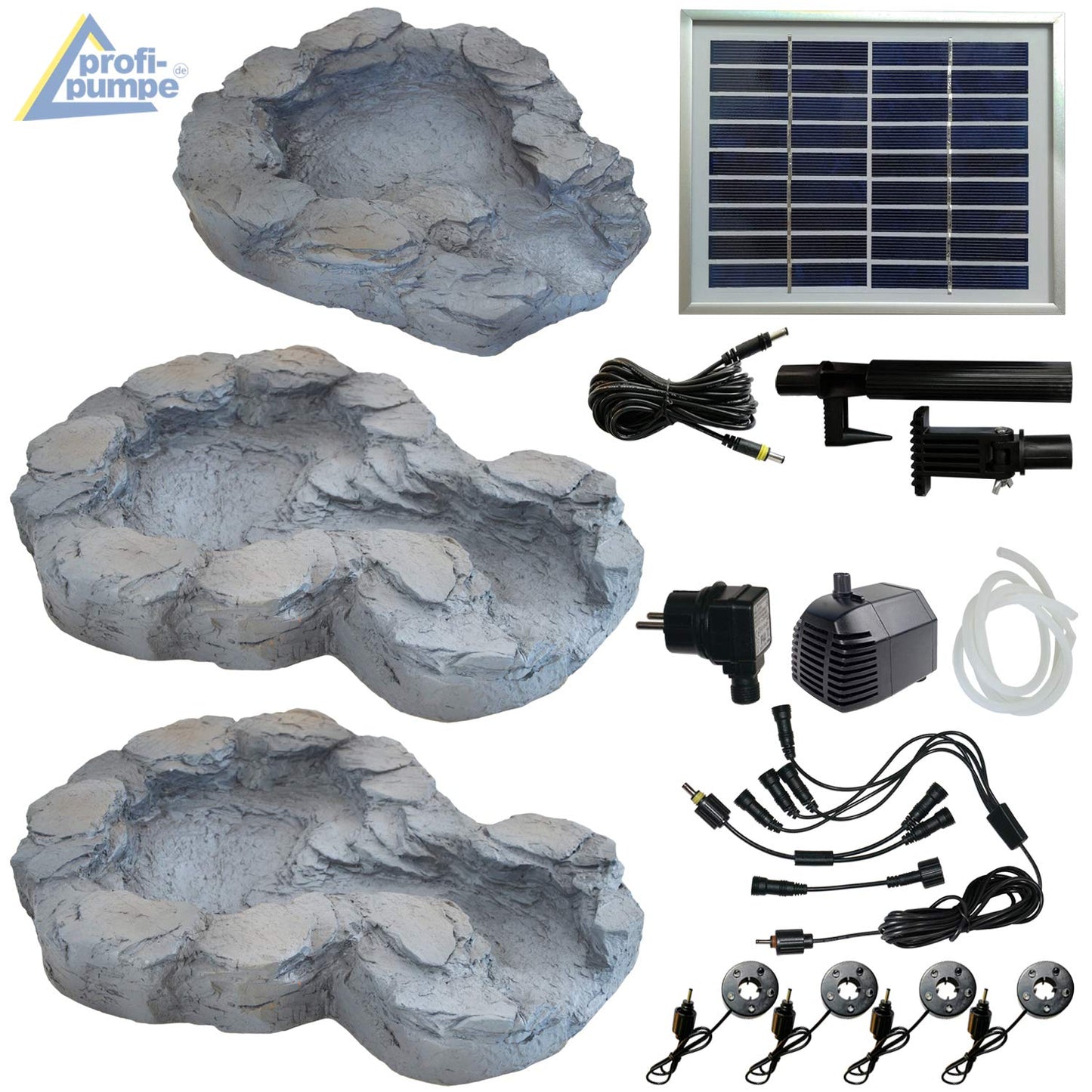 Solar garden fountain stream spring II with LED light/hybrid system, 230V decorative fountain bird bath waterfall garden light pond pump - fountain water feature for garden, pond, pond.
