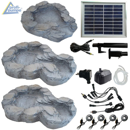 Solar garden fountain stream spring II with LED light/hybrid system, 230V decorative fountain bird bath waterfall garden light pond pump - fountain water feature for garden, pond, pond.