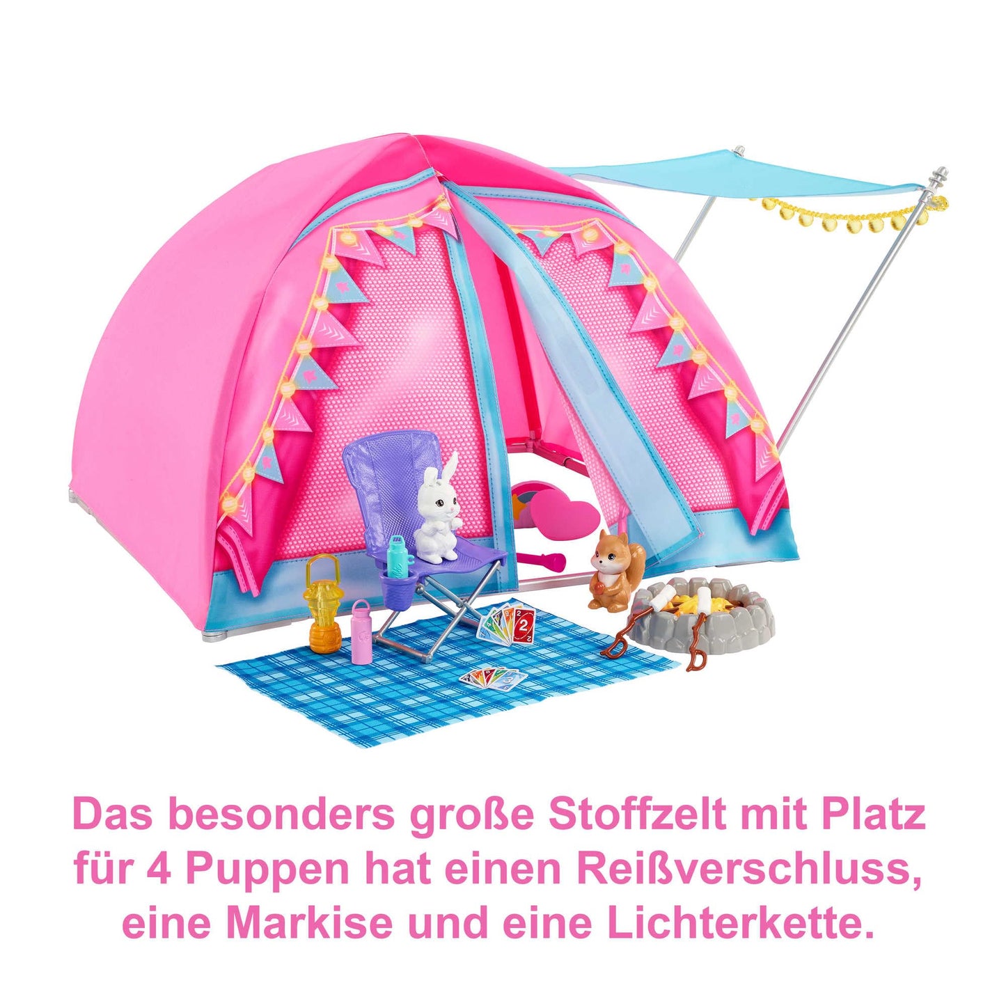 Barbie Adventure Camping Playset with tent, 2 Barbie dolls, camping accessories, and animals. Gift for kids ages 3 and up.