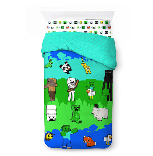 Jay Franco Minecraft Creative Mode 100% cotton 3-piece bedding set 135x200cm single bed size - duvet cover + fitted sheet 90x200 cm + pillowcase 50x70 cm