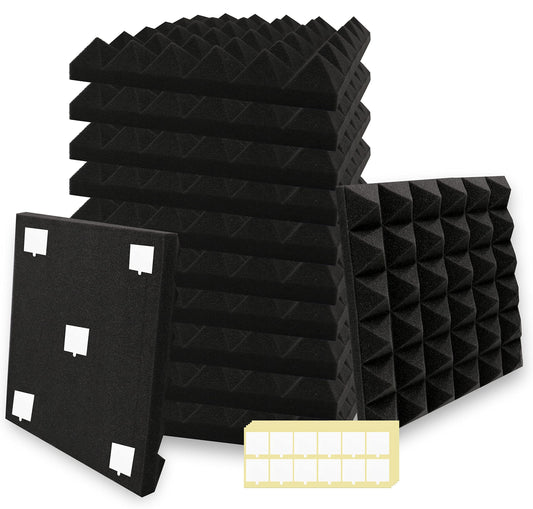 SK Studio 12 Piece Acoustic Foam Sound Absorber, Fireproof Soundproofing Panels Insulation Pyramid Foam for Studio, Podcasts, Recording Studios, Office, Wall Decoration, 30x30x5cm, Black