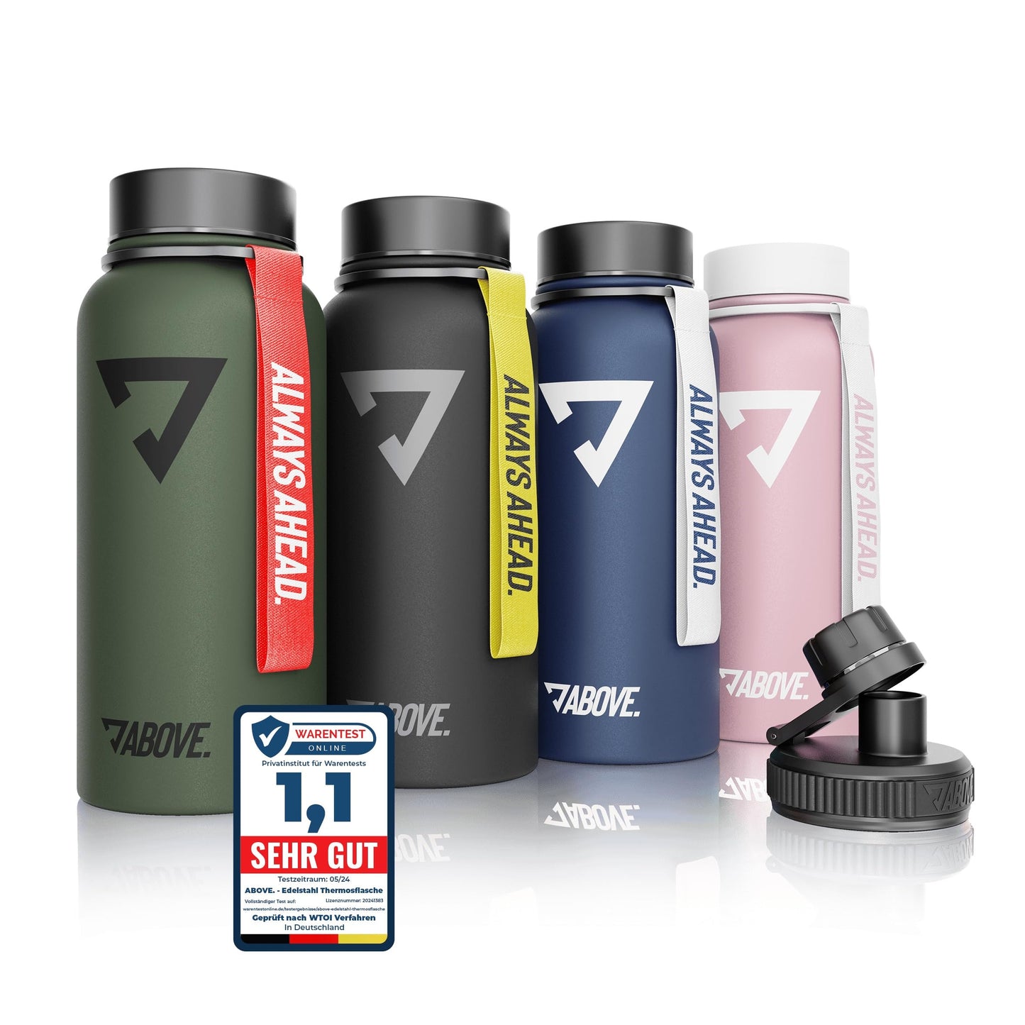 ABOVE. Stainless steel thermos bottle 1L - BPA-free, leak-proof & durable - keeps hot for 12h, cold for 24h - with extra drinking spout for sports, fitness & outdoor activities I high-quality gift box (Black)