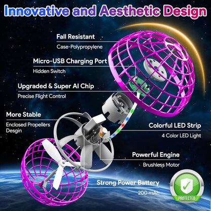 ANOEPUY Flying Ball, Orbi Ball with RGB Light, Kids Flying Ball, Fly Spinning Ball, Decompression Plane Gifts for Kids (Purple)