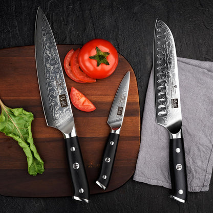 SHAN ZU 3-piece Damascus Knife Set, made of Japanese super steel with high carbon content. It features a G10 handle and comes in a gift box.