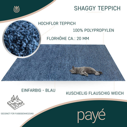 Paid carpet living room high pile shaggy - 160x230cm - Blue plain fluffy modern boho decor rugs soft bedroom