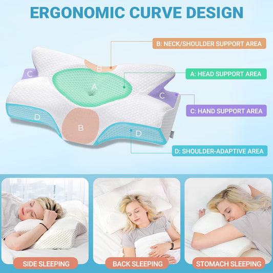 Elviros Orthopedic Memory Foam Pillow, Side Sleeper Pillow Neck Support Pillow Head Pillow Neck Pain Ergonomic Sleep Pillow for Neck and Shoulder Pain 64 x 12.5/10.5 x 38cm
