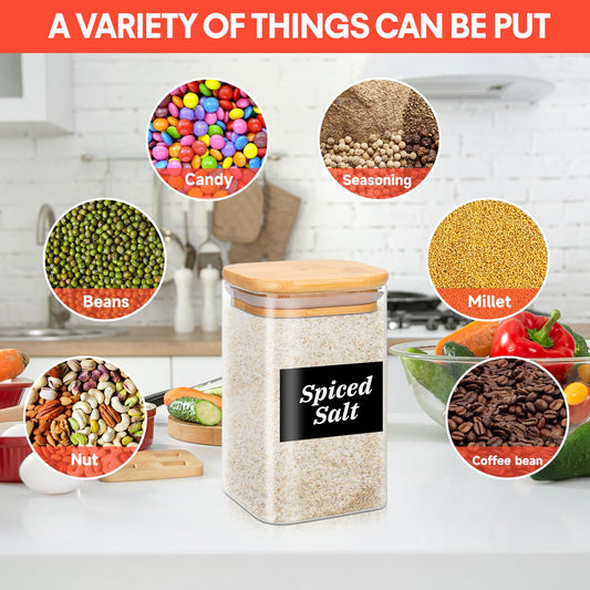 YUTUY Glass Storage Jars 12-Piece Set,Square Glass Jars with Lid,Glass Containers with Wooden Lid for spices, herbs, muesli, beans.
