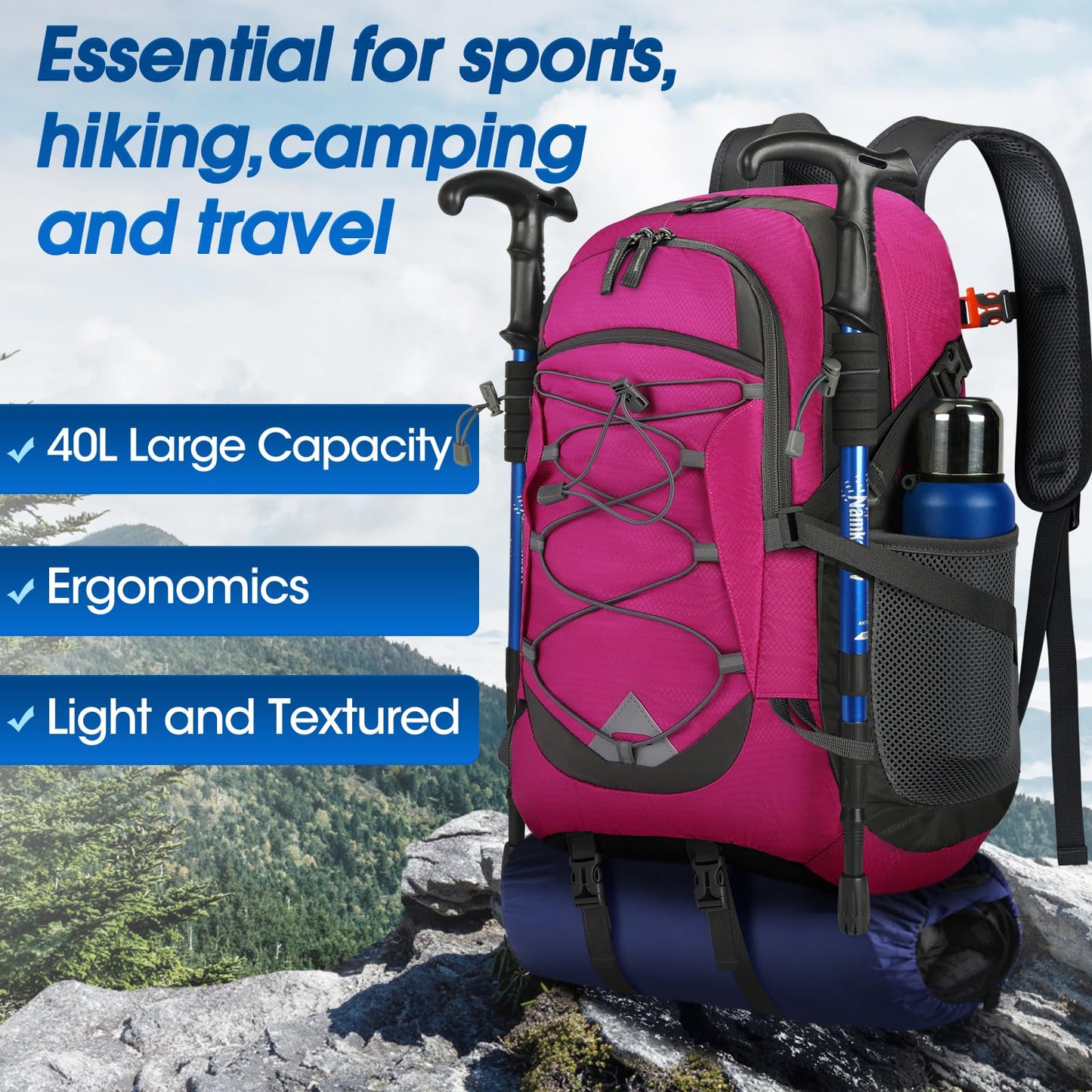 IGOLUMON hiking backpack for men and women, 40L waterproof and lightweight. Foldable for travel, with reflective strips for cycling, climbing, hiking, and sports. (Rose)