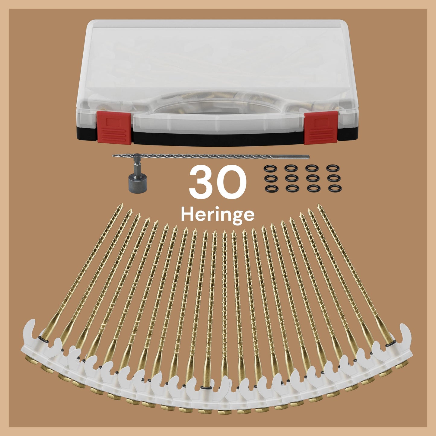 ABCamping Screw Pegs Set - [30 pieces] Steel pegs for soft to hard ground including drills (5mm & 6mm) - Tent screws with light effect, including carrying case, 15x O-rings & bit for power drill.