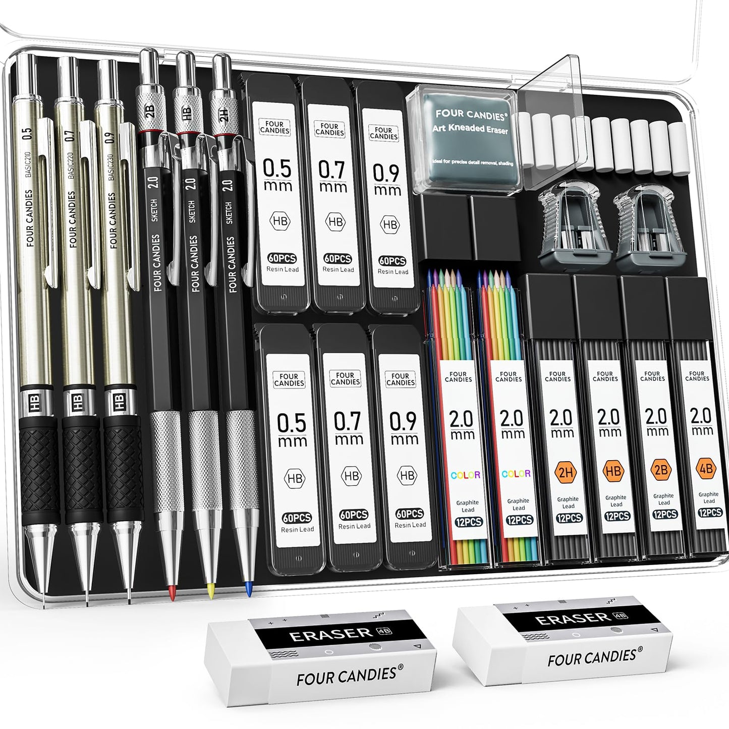 Four Candies 25-piece Art Mechanical Pencil Set with Case, Metal Mechanical Pencils 0.5, 0.7, 0.9 mm 2 mm Clutch Pencil (HB 2H 2B 4B Color) with 432 Graphite Lead Refills for Drawing