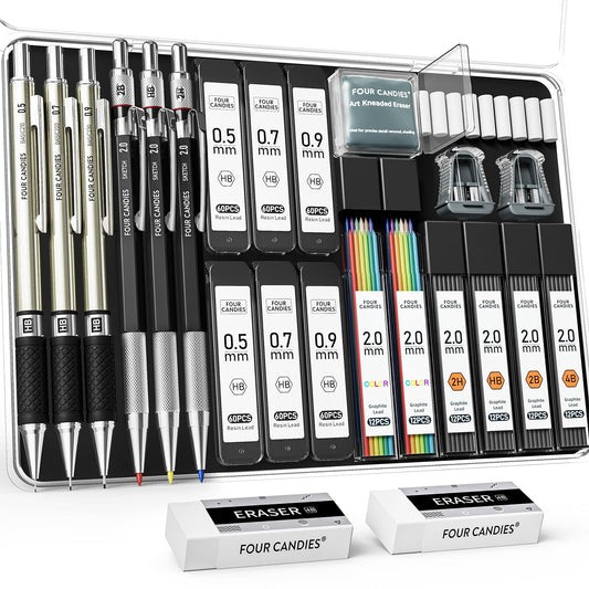 Four Candies 25-piece Art Mechanical Pencil Set with Case, Metal Mechanical Pencils 0.5, 0.7, 0.9 mm 2 mm Clutch Pencil (HB 2H 2B 4B Color) with 432 Graphite Lead Refills for Drawing