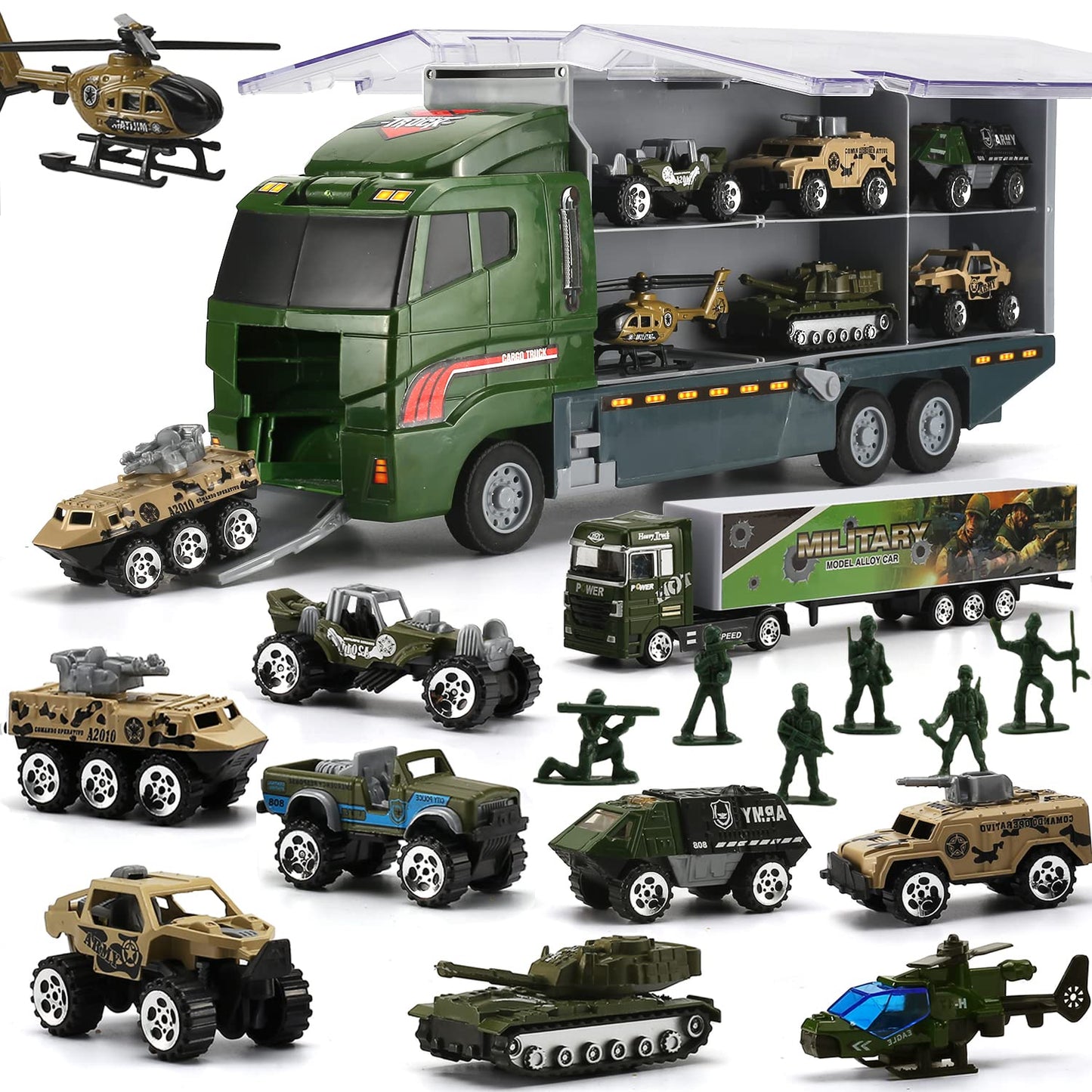 SWUNXION 26 in 1 Military Cars + Transport Vehicle Set, Military Vehicles Soldiers Die-cast Models, Toy Cars Storage in Truck, Army Vehicles Toys for Kids Girls Boys.