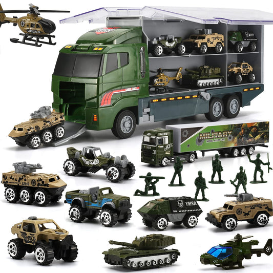 SWUNXION 26 in 1 Military Cars + Transport Vehicle Set, Military Vehicles Soldiers Die-cast Models, Toy Cars Storage in Truck, Army Vehicles Toys for Kids Girls Boys.