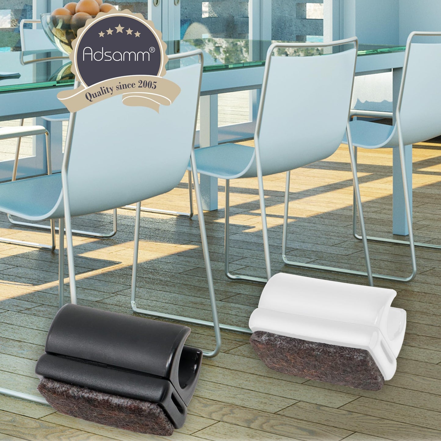 Adsamm® / 32 x clamping shell glides with felt / Black / ø 9-10 mm / Round / Shell glides with interchangeable felt for steel tube chairs