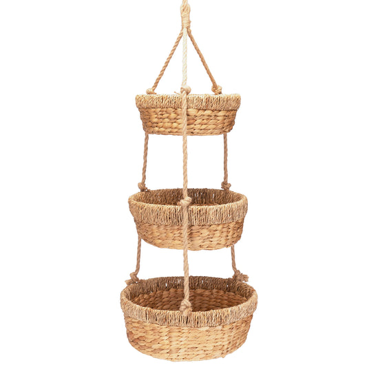 Decorasian Hanging Fruit Basket, Large 3-tiered stand made of water hyacinth - Fruit rack for storing fruits and vegetables - Hanging basket - 34cm