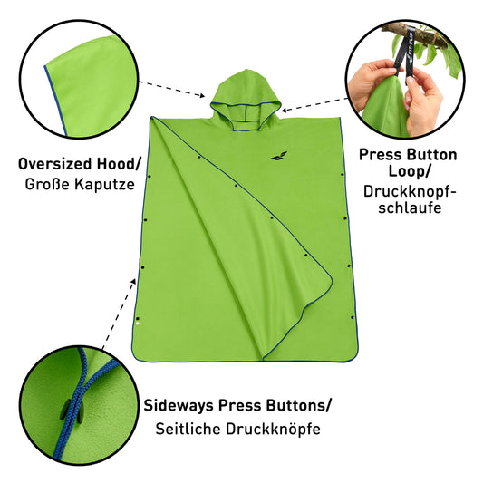 Fit-Flip Beach Poncho for surfers - quick-drying microfiber towel poncho - changing aid for beach - ultralight surf ponchos - adult bath poncho (size M, green/dark blue)