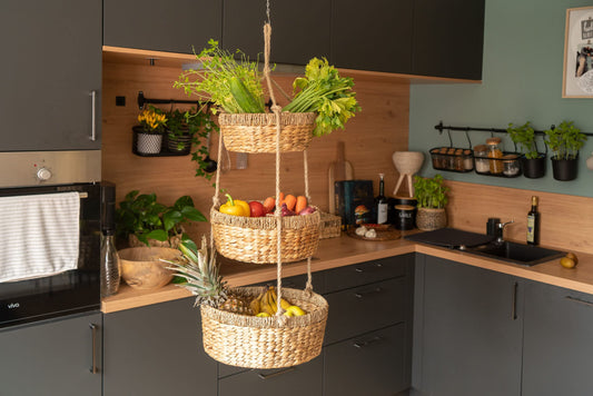 Decorasian hanging fruit basket, Large XXL tiered stand with 3 baskets made of water hyacinth - fruit rack for storing fruit and vegetables - hanging basket