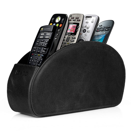 London Remote Control Holder with 5 pockets - space for DVD, Blu-Ray, TV, or Apple TV remotes - Italian genuine leather with suede lining - slim compact for living room storage.