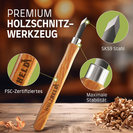 WOODHERO Wood Carving Tool Set (16 pieces) with instructions for 1 carving project - 12 high-quality carving knives for carving with practical tool bag.
