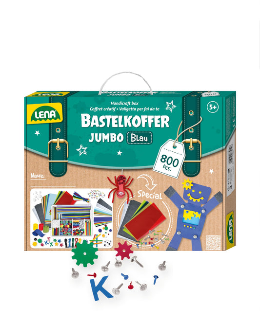 Lena 42665 - Jumbo craft kit with 800 pieces in bold colors, crafting materials like foam, colored paper, pom poms, ribbons, googly eyes, wooden sticks, and more. For ages 5 and up, in blue.
