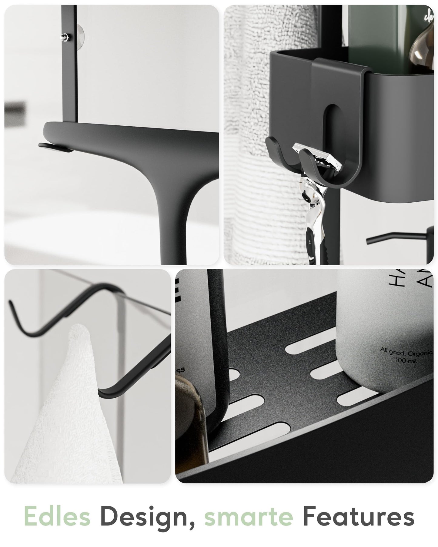QUALISH® hanging shower shelf - shower caddy hanging on the shower wall - hanging shower basket with glass protection and additional hooks - hanging shower shelf - no drilling required - matte black