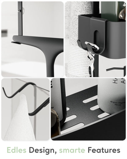 QUALISH® hanging shower shelf - shower caddy hanging on the shower wall - hanging shower basket with glass protection and additional hooks - hanging shower shelf - no drilling required - matte black