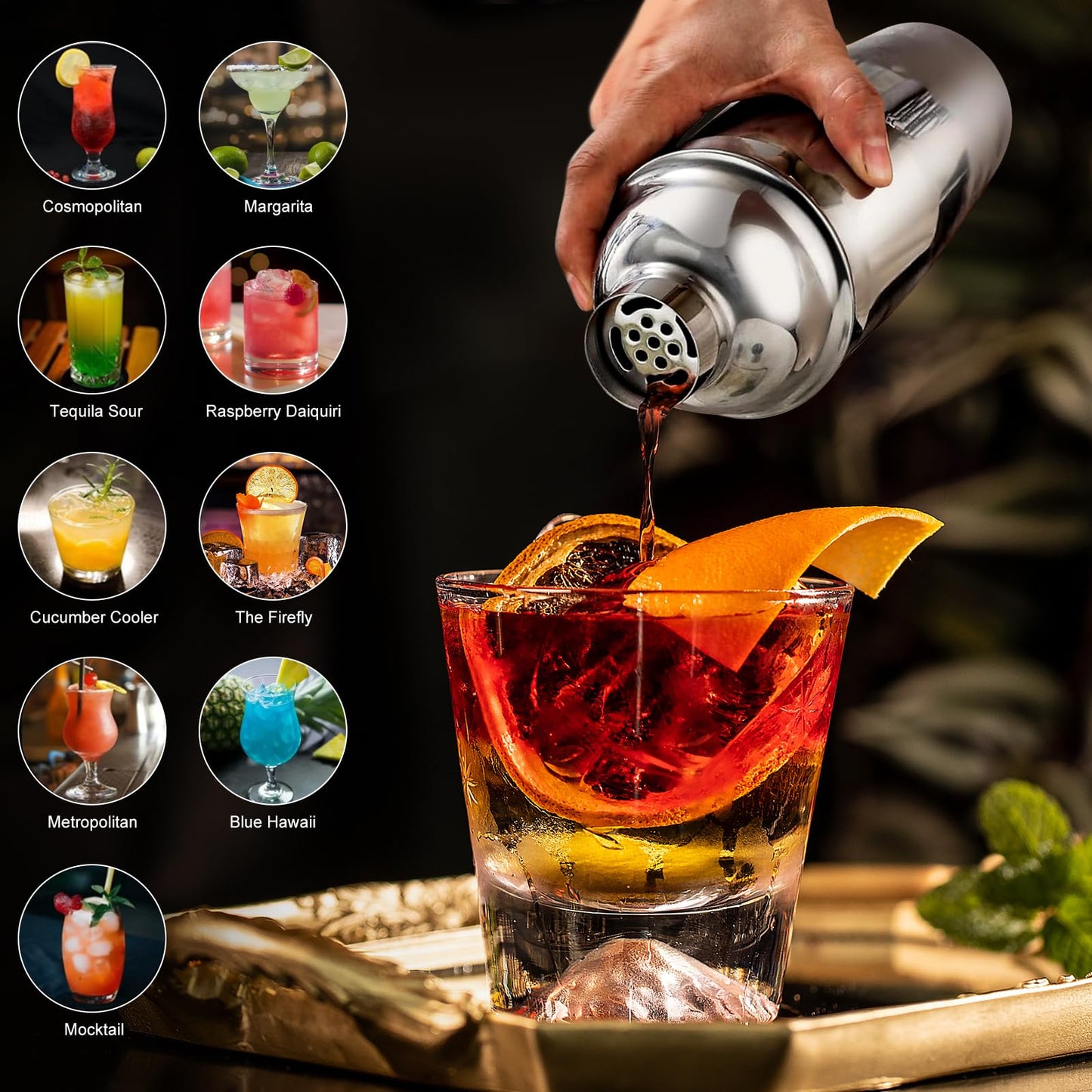 AOKITO Cocktail Shaker Set - 750ML Stainless Steel Bartender Kit, 12 Pieces, Gift for Men, Women & Friends, Stylish Bar Tool Set with Cocktail Recipe Book.