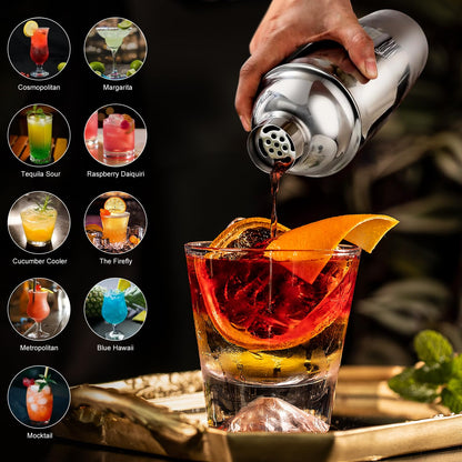 AOKITO Cocktail Shaker Set - 750ML Stainless Steel Bartender Kit, 12 Pieces, Gift for Men, Women & Friends, Stylish Bar Tool Set with Cocktail Recipe Book.