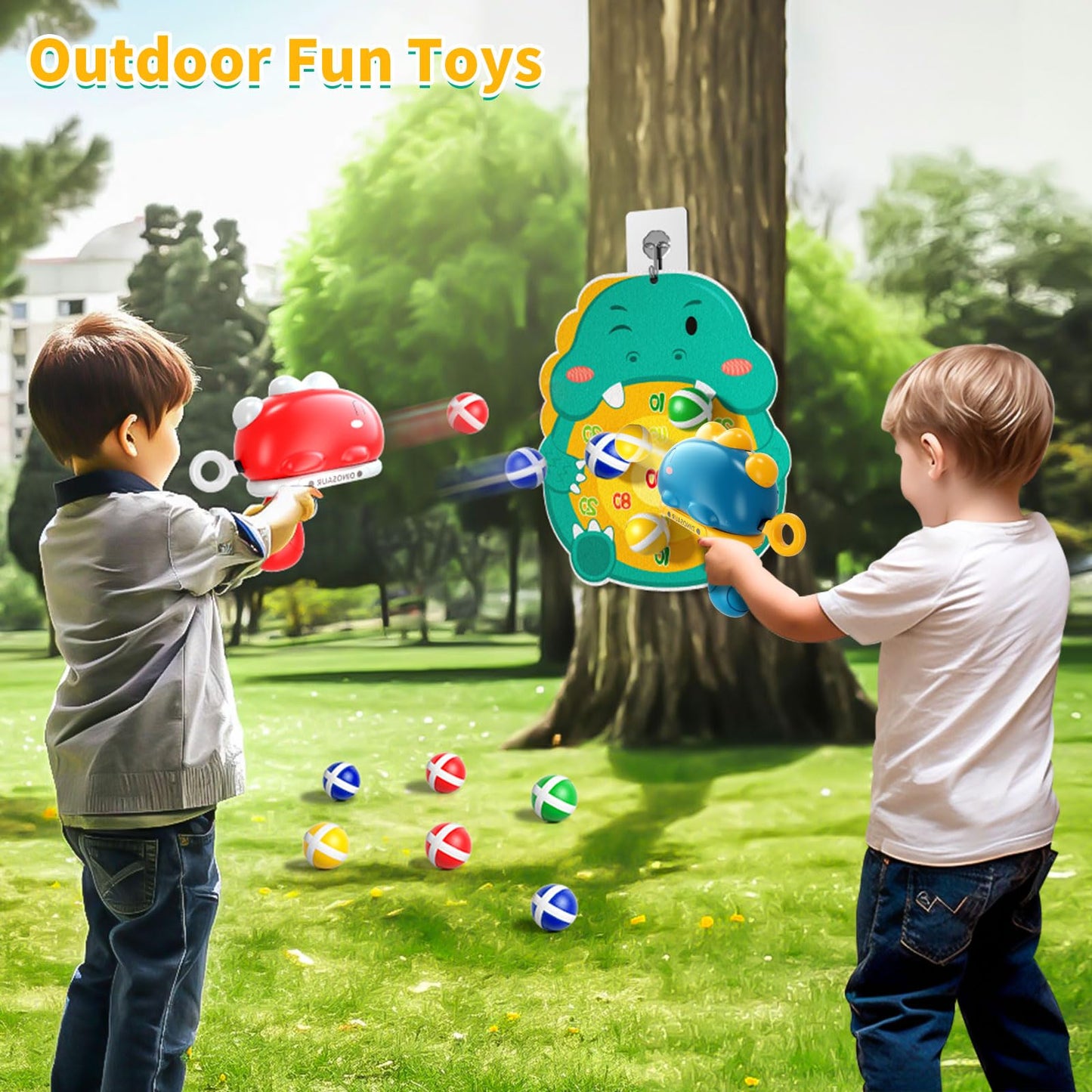 Doloowee dinosaur dart board shooting game toy, throwing game toy guns with target, 12 sticky balls, indoor outdoor garden toy for boys girls 3 4 5 years old (red+blue)