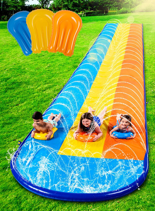 Sloosh 18ft/548cm Triple Lane Slide with 3 Bodyboards, Lawn Water Slide with Sprinkler for Kids and Adults, Outdoor Water Toy for Summer Fun.