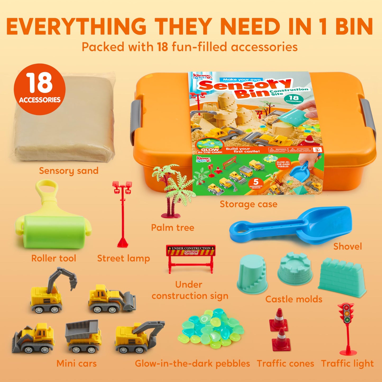 Clever Kits Magic Sand Set, play sand construction site for kids, suitcase with 18 accessories, glowing stones, magic sand toys for boys ages 3-9.