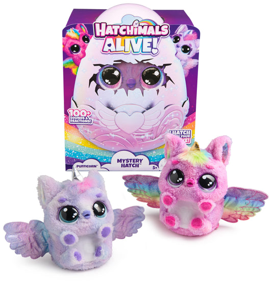 Hatchimals Alive Mystery Egg Pufficorn - magical self-hatching egg about 25 cm tall with interactive surprise plush toy, for children aged 5 and up.