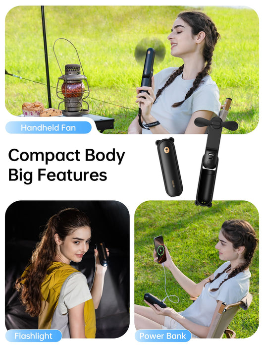 JISULIFE handheld fan Mini fan 3 in 1, with 4500 mAh power bank USB battery small, battery operated max 37 hrs runtime portable fan, flashlight function-black