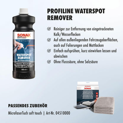 SONAX PROFILINE Waterspot Remover (1 Liter) is a water spot remover for dried lime/water spots on all exterior vehicle surfaces, Item No. 02753000.