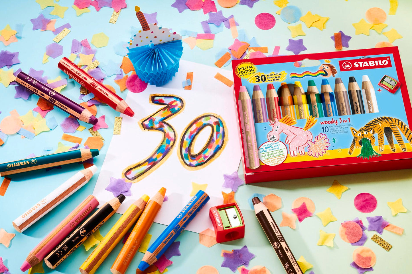 STABILO - Colored pencil, watercolor & wax crayon - woody 3 in 1 - Birthday Edition - 10 pack with sharpener - 10 colors