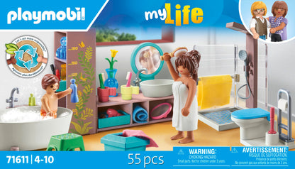 PLAYMOBIL MyLife 71611 Bathroom, including two figures and numerous accessories, made from over 80% recycled and bio-based materials, detailed toy for children ages 4 and up.